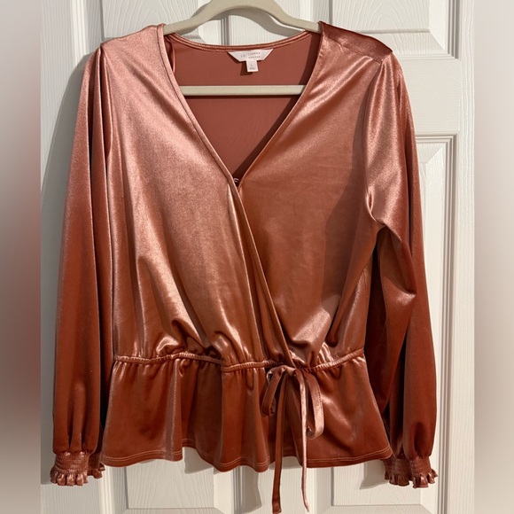 LC Lauren Conrad Tops - LC Lauren Conrad Crushed Velvet faux Wrap Blouse in Copper